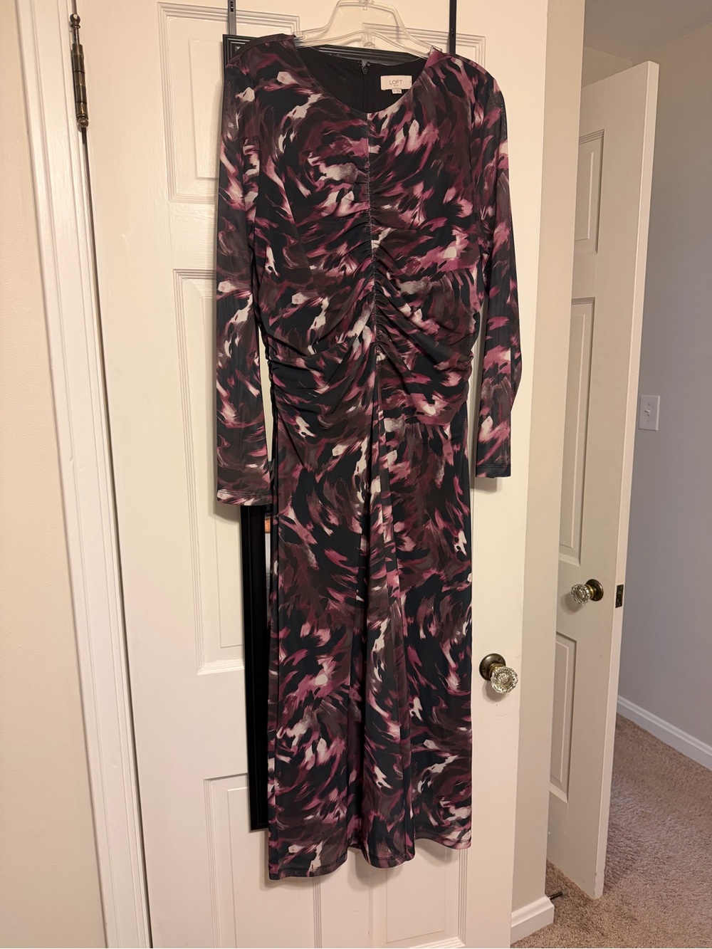 LOFT Plum and Black Abstract Ruched Long Mesh Sleeve Midi Dress